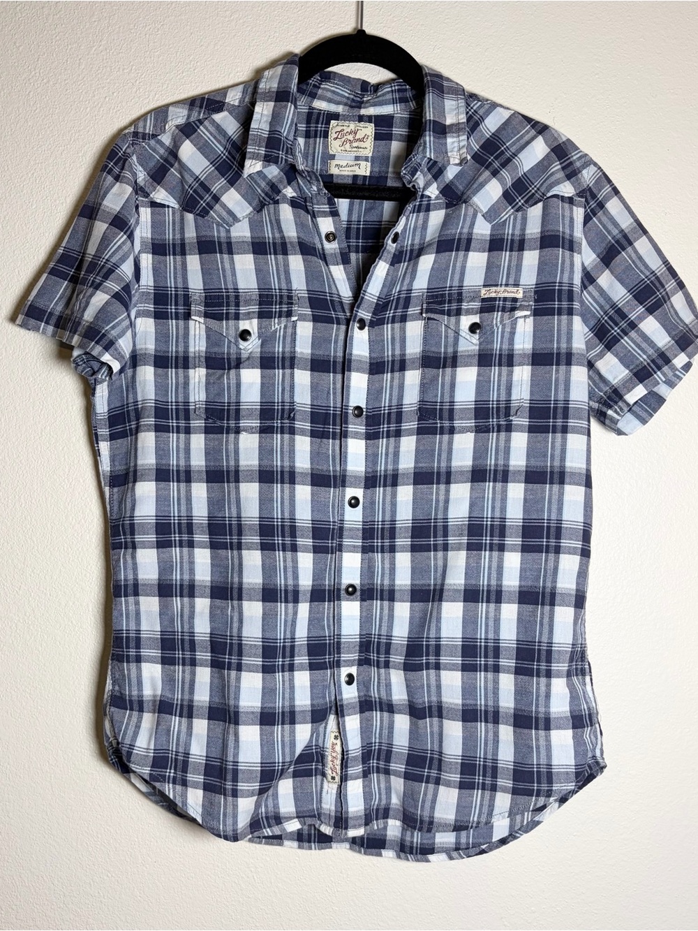 Lucky Brand Mens Plaid Short Sleeve Western Pockets Pearl Snap Button Shirt Sz M